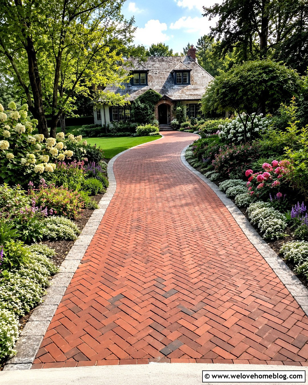 Planted Brick Driveway With Cottage Flowers - 20 Planted Driveway Ideas