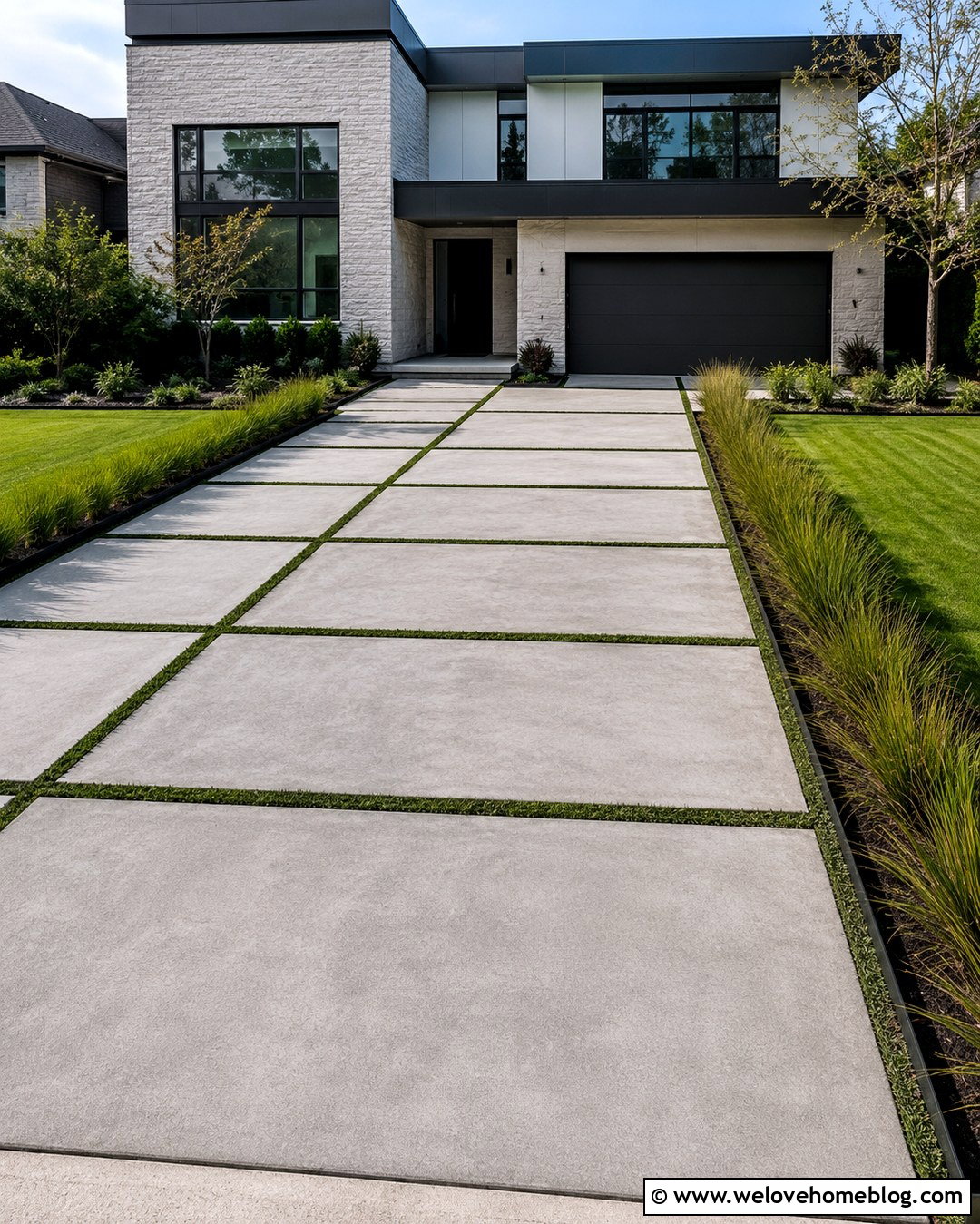 Planted Concrete Driveway With Grass Strips - 20 Planted Driveway Ideas