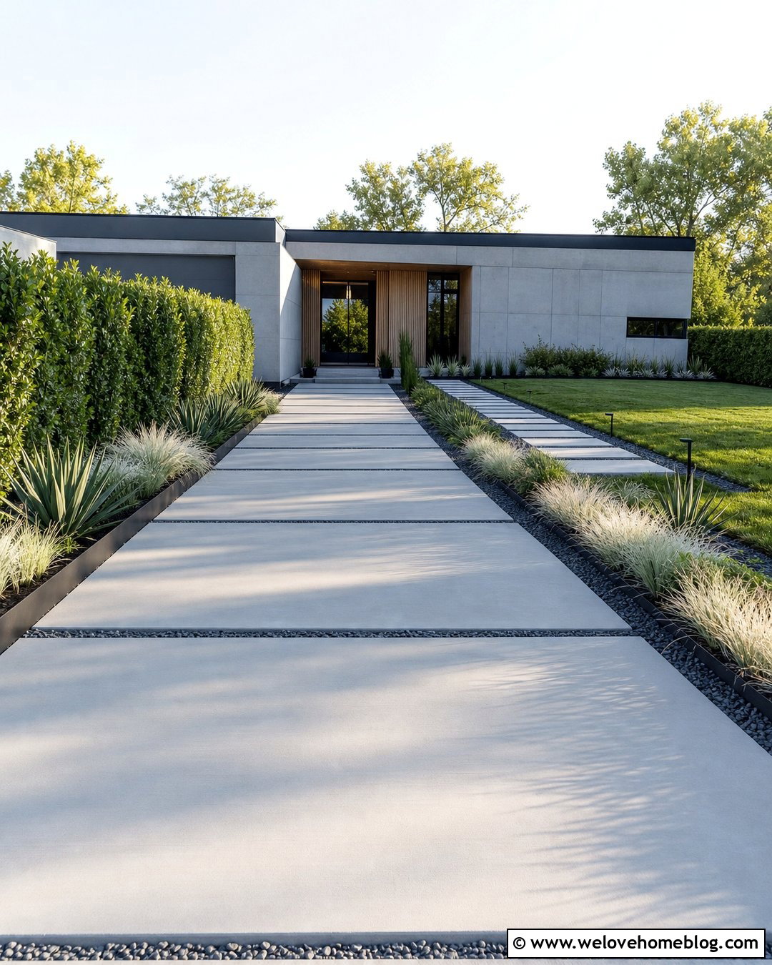 Podocarpus Privacy Hedge Along Modern Concrete Driveway - 20 Privacy Hedge Along Driveway Ideas