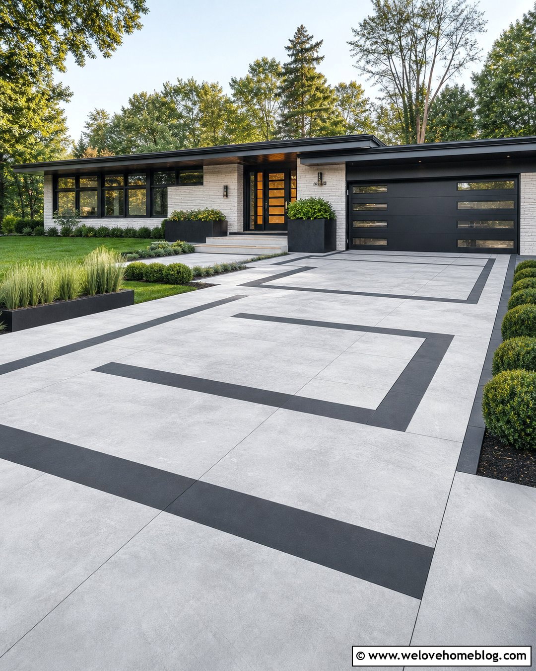 Porcelain Driveway With Geometric Inlay - 20 Porcelain Driveway Ideas