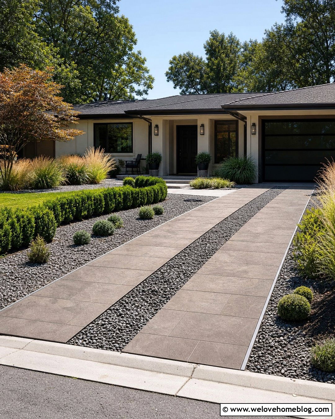 Porcelain Paver Driveway With Gravel Strips - 20 Concrete Driveway Alternatives Ideas