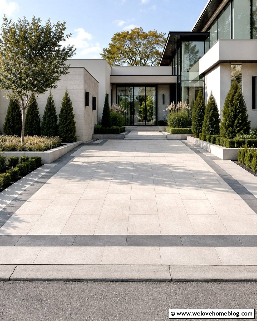 Porcelain Paver Driveway With Minimal Landscaping - 20 modern driveway paver design ideas