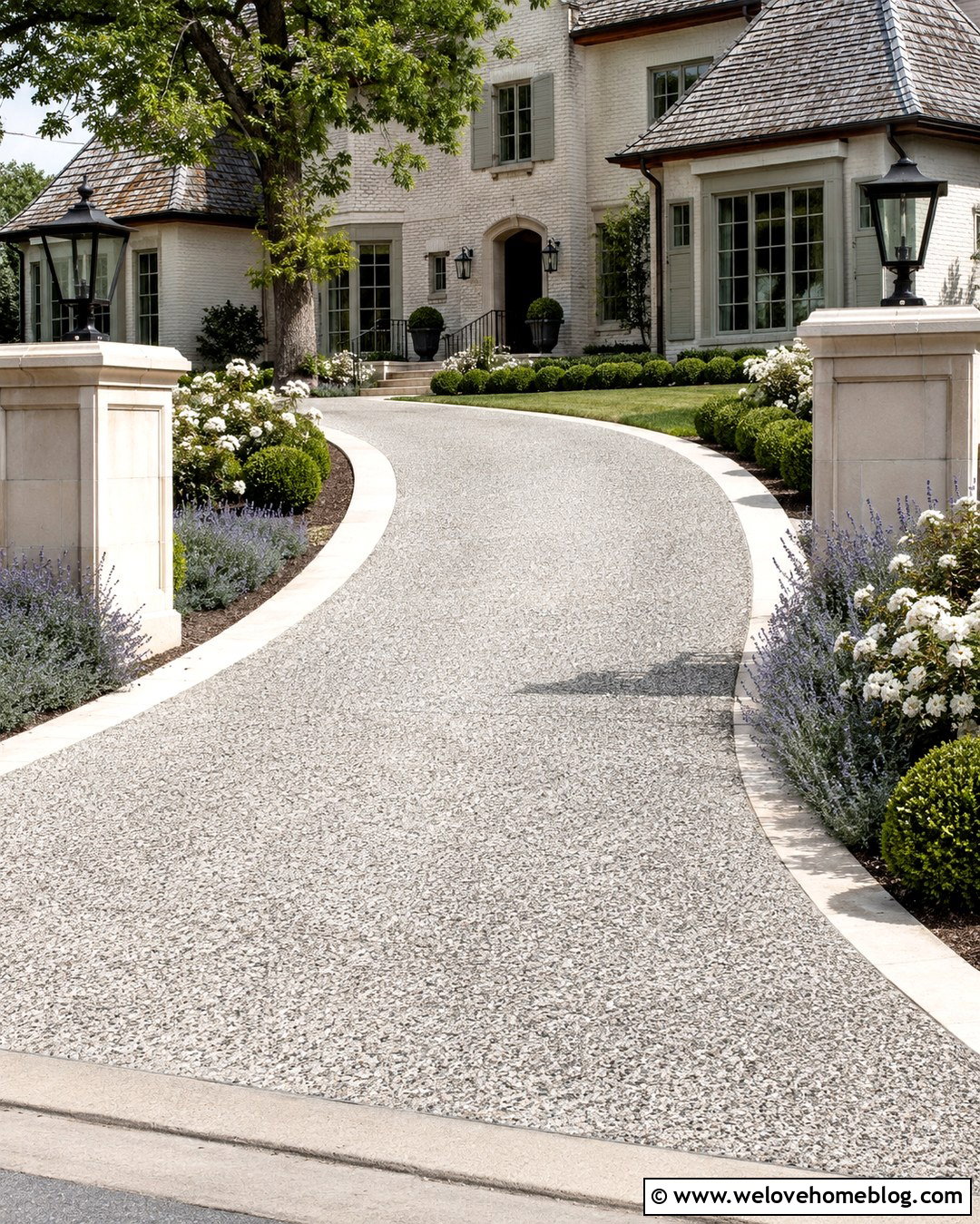 Preppy Exposed Aggregate Driveway With Limestone Border - 20 Preppy Driveway Ideas