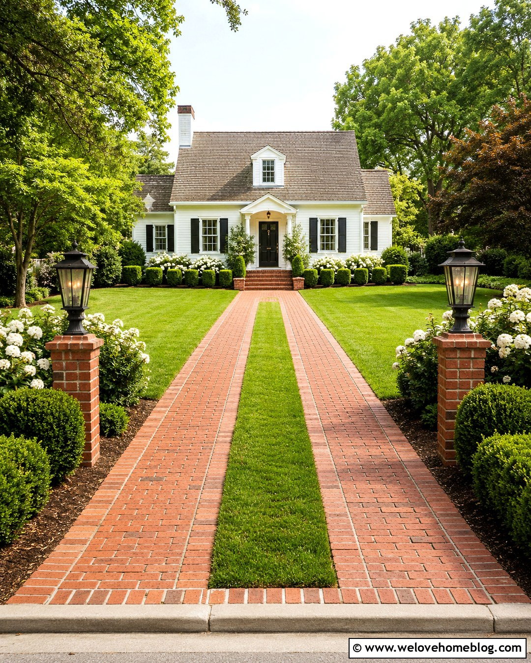 Preppy Ribbon Driveway With Brick and Grass - 20 Preppy Driveway Ideas