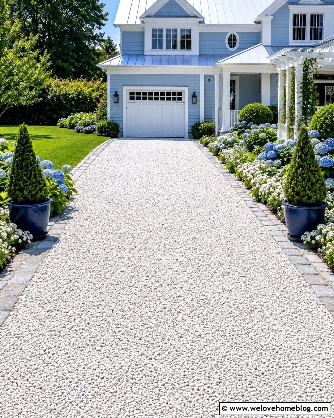Preppy White Gravel Driveway With Blue Planters - 20 Preppy Driveway Ideas