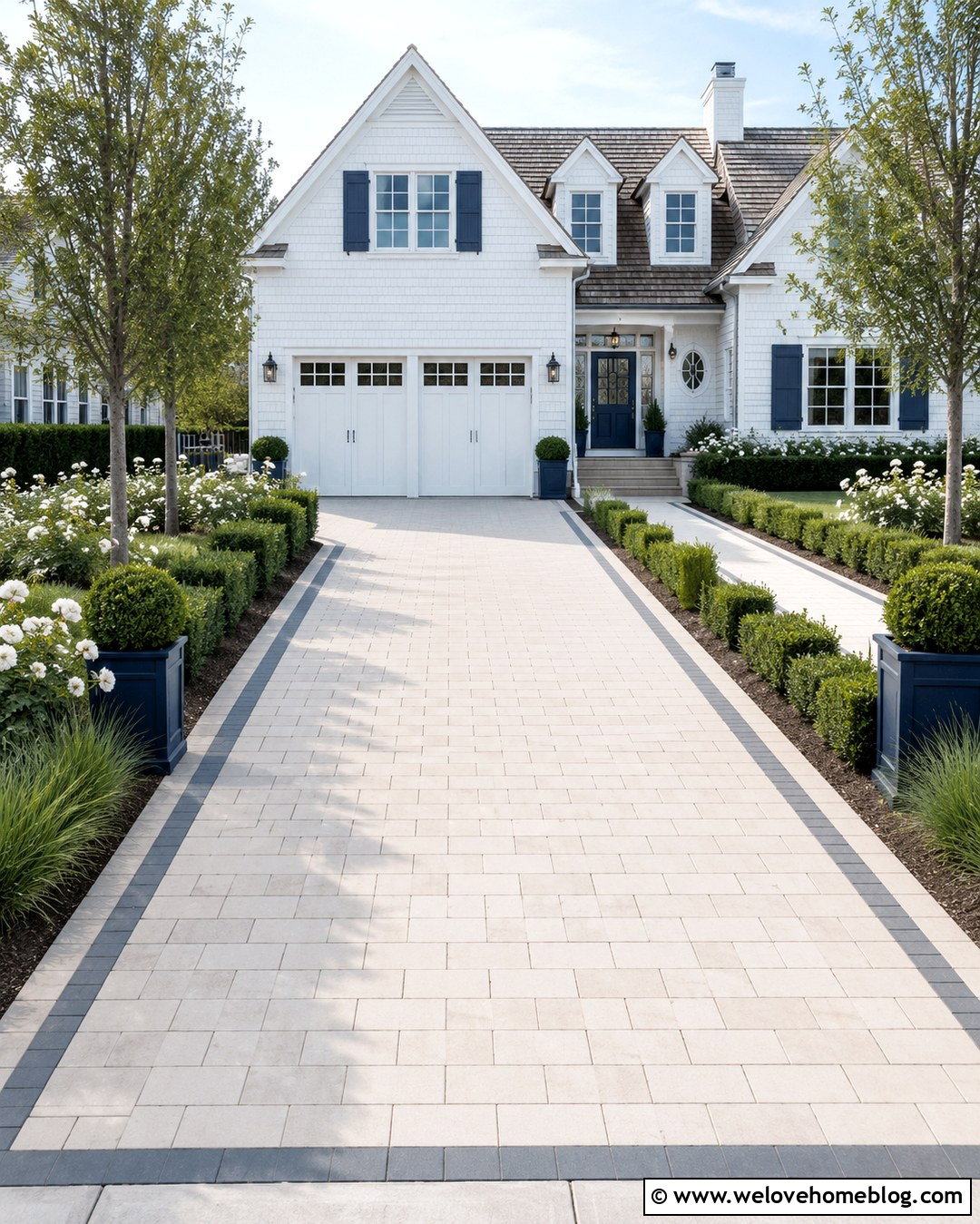 Preppy White Paver Driveway With Navy Accents - 20 Preppy Driveway Ideas