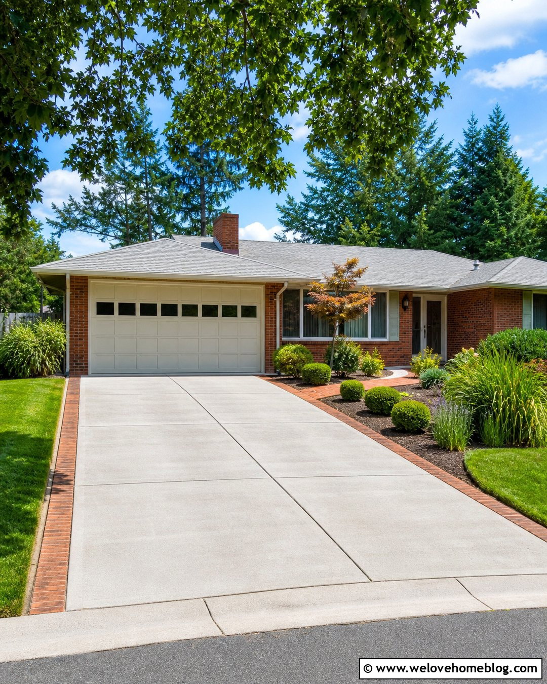 Pressure Washed Concrete Driveway With Brick Edging - 20 Driveway Makeover Project Ideas