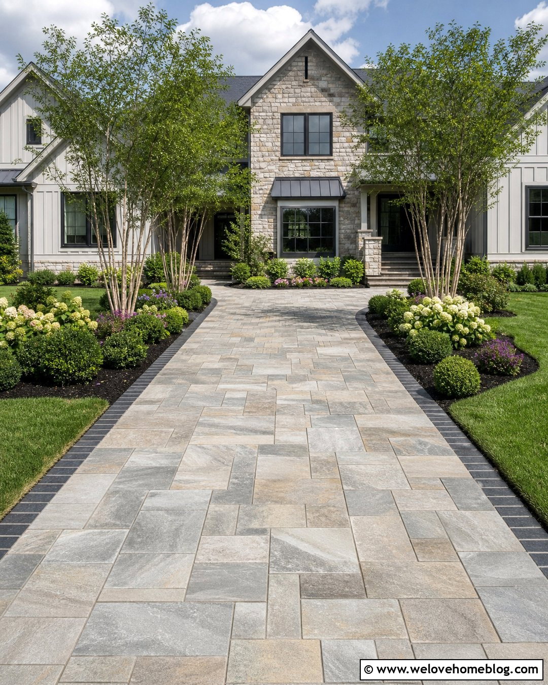 Quartzite Driveway With Mixed Gray Pavers - 25 Natural Stone Driveway Ideas