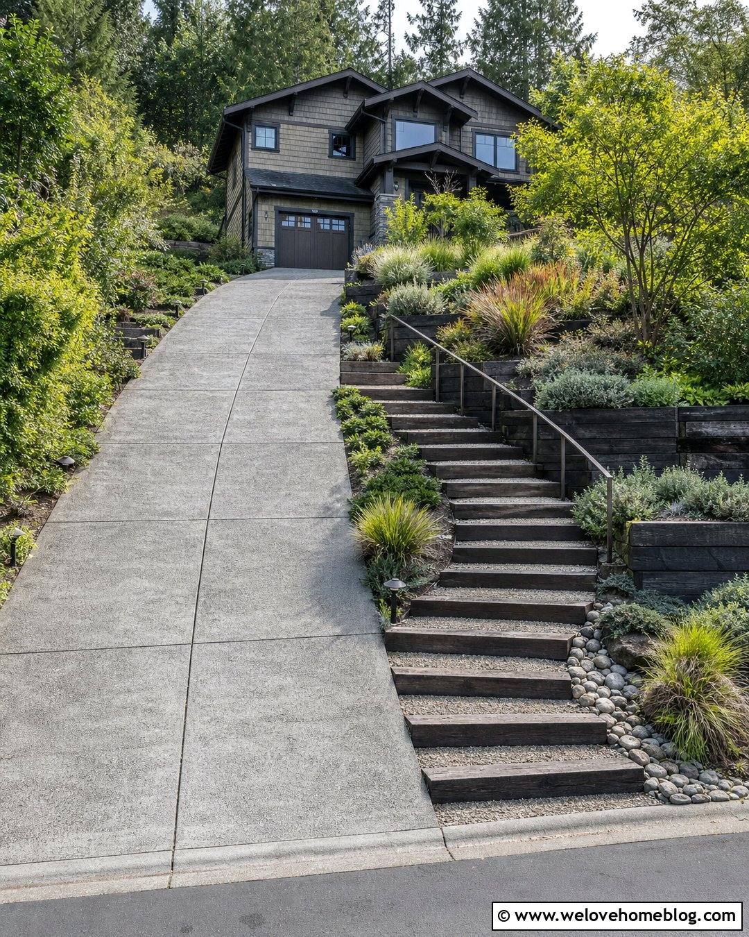 Railway Sleeper Steps Beside Sloped Driveway - 20 Railway Sleepers Driveway Ideas