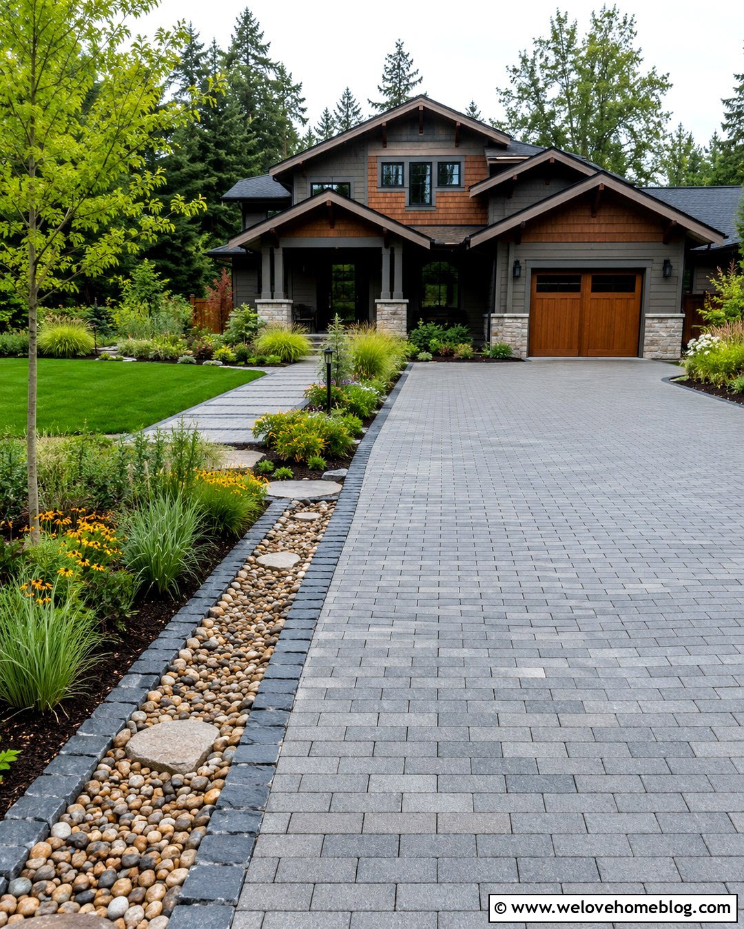 Rain Garden Lined Permeable Paver Driveway - 20 Plant Lined Driveway Ideas