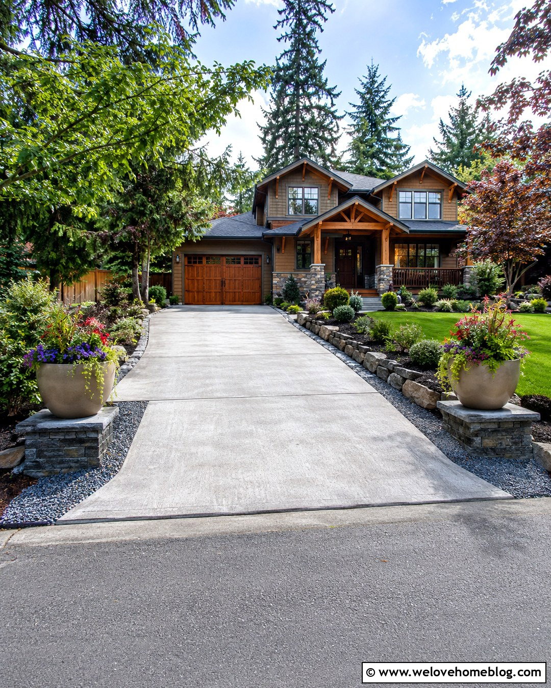 Raised Pots Along A Gravel Border - 20 Pots Along Driveway Ideas
