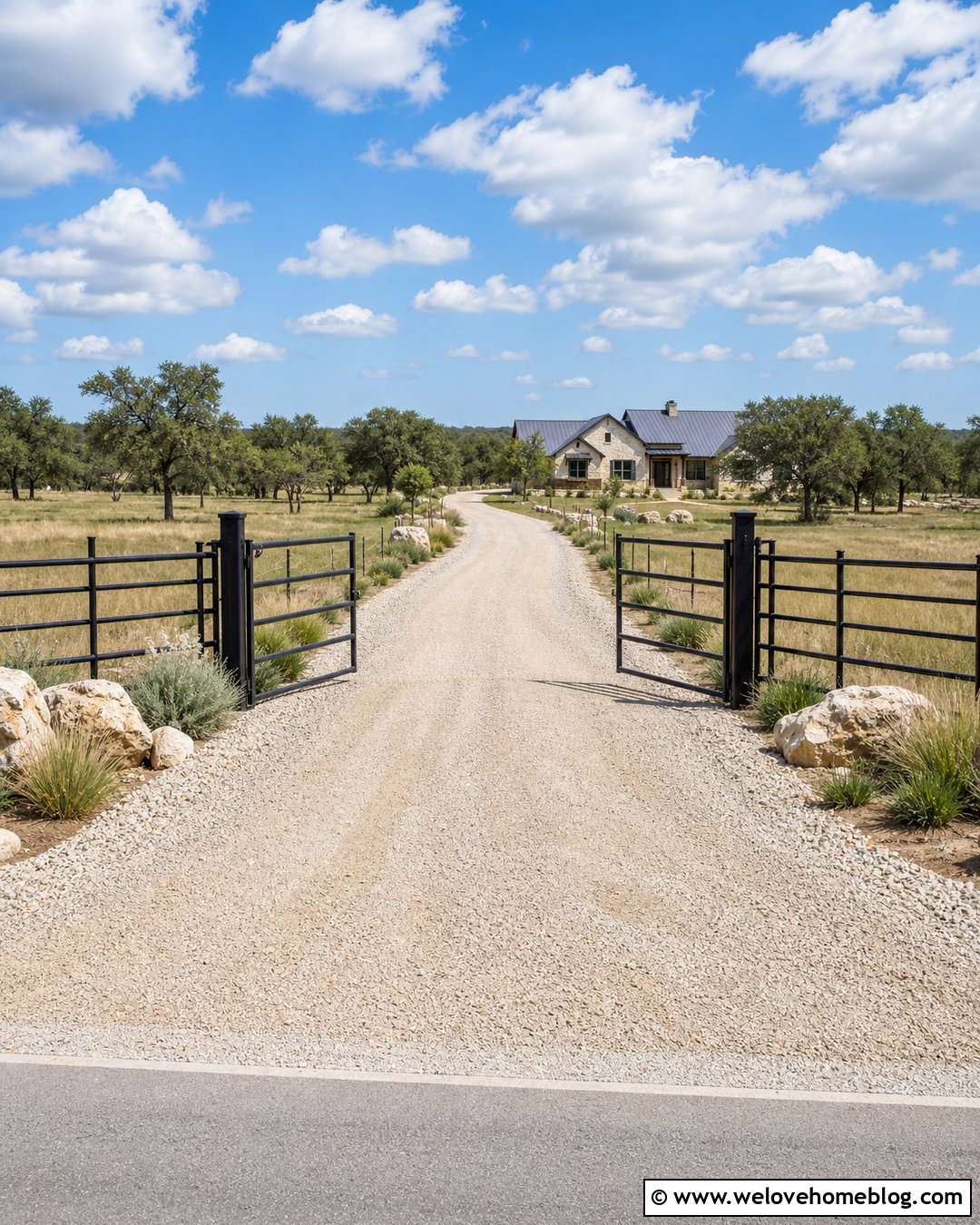 Ranch Acreage Driveway With Pipe Fence - 20 acreage entrance driveway ideas