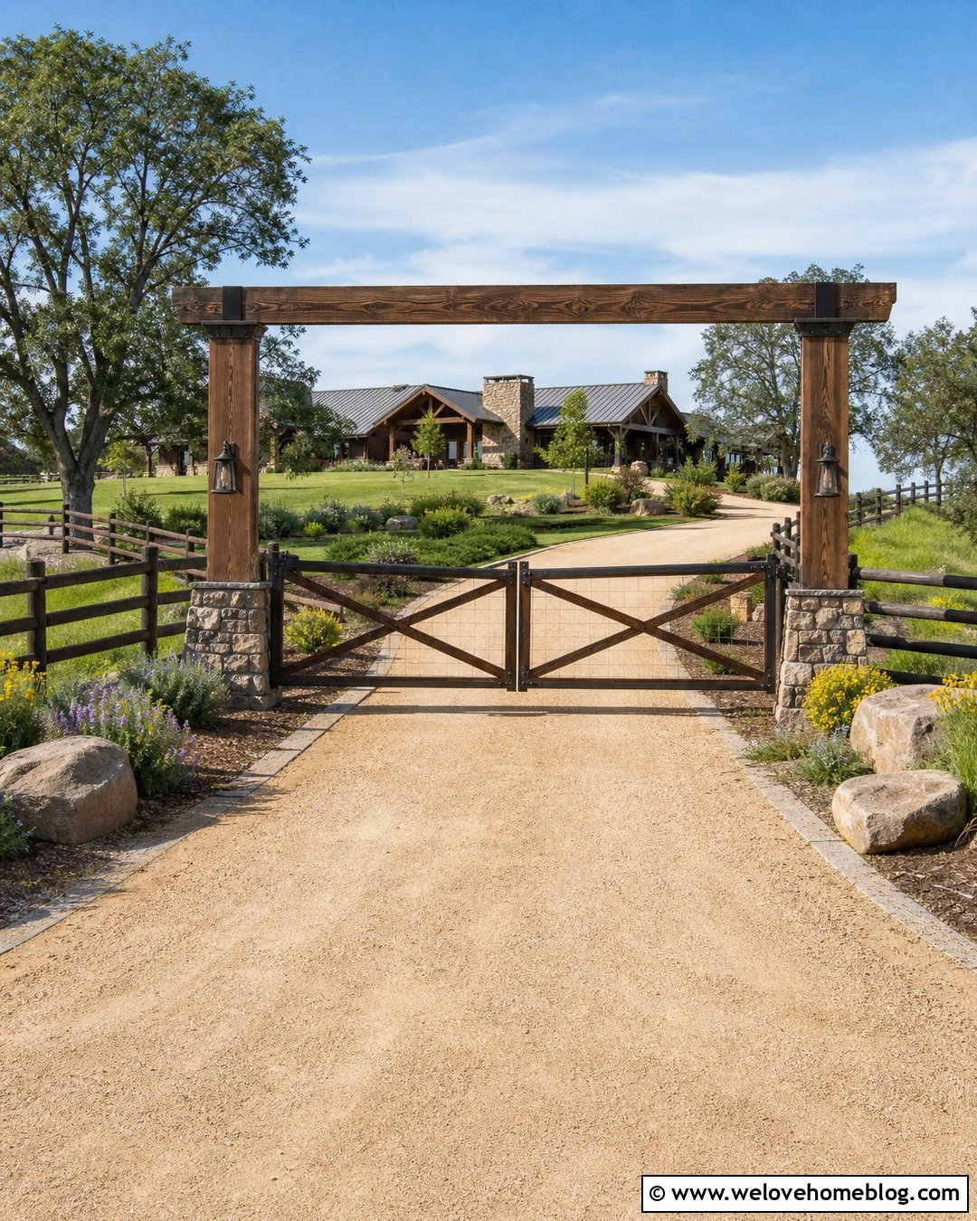 Ranch Driveway Entry Fence With Timber Posts - 20 Driveway Entry Fence Ideas