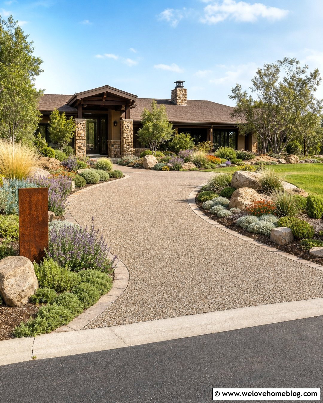 Ranch Driveway Entry With Boulders And Grasses - 35 Driveway Entry Landscaping Ideas