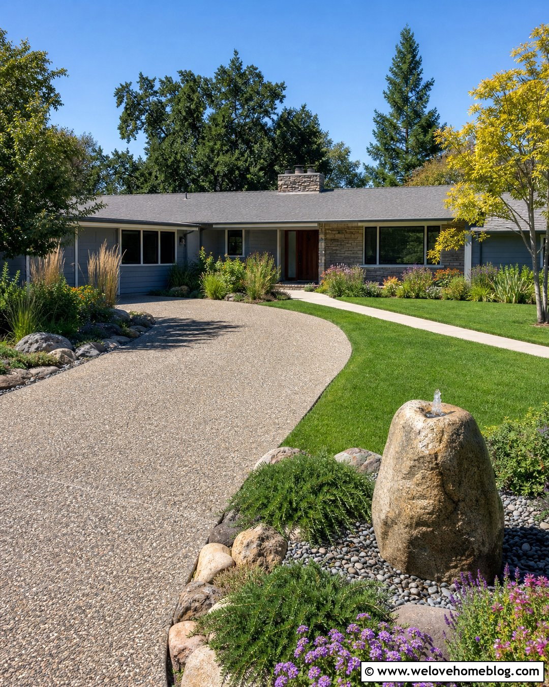 Ranch Driveway With Boulder Bubbler - 20 Driveway With Water Feature Ideas