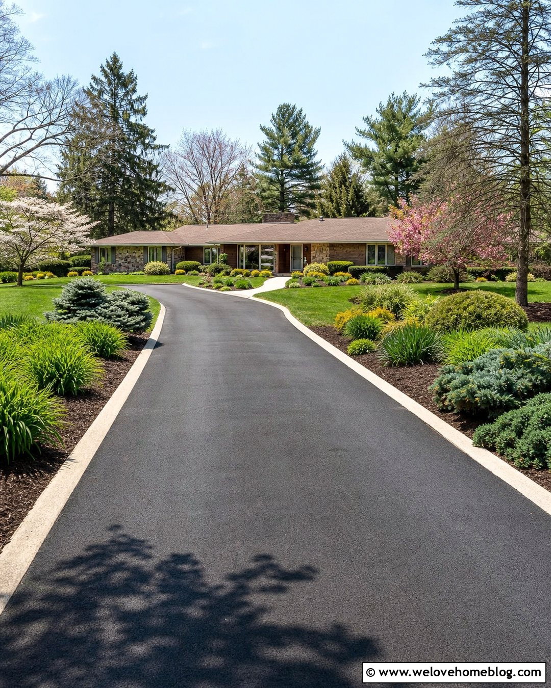 Ranch Driveway With Curved Mulch Beds - 25 landscaping by driveway ideas