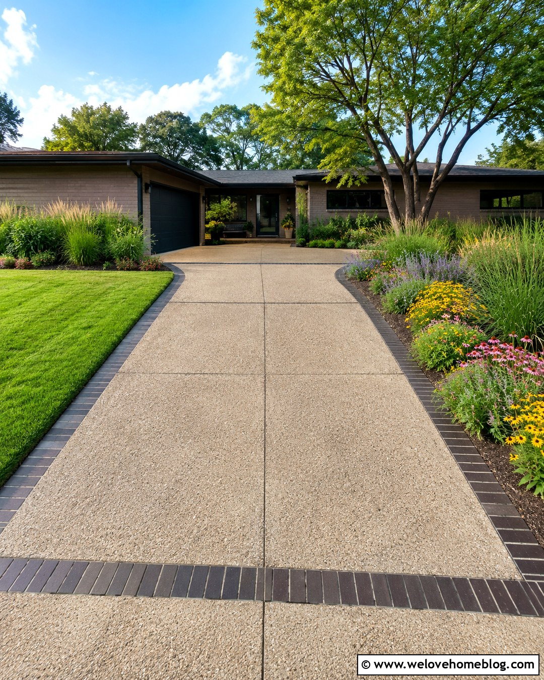 Ranch Driveway With Exposed Aggregate and Prairie Planting - 20 landscape design driveway ideas
