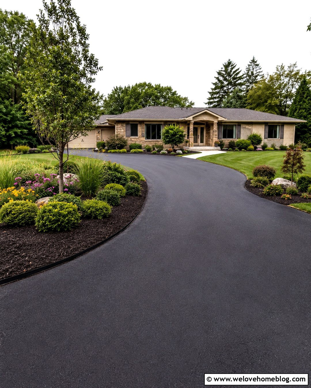 Ranch Driveway With Simple Foundation Beds - 20 Driveway Landscaping On A Budget Ideas