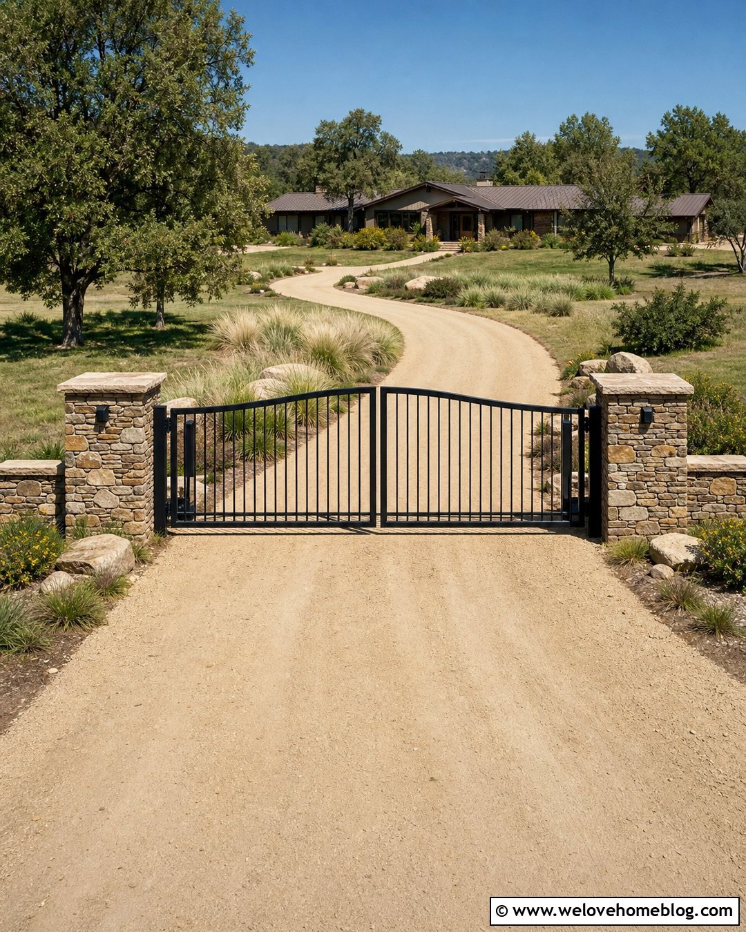 Ranch Gate With Dry Stack Stone Pillars - 20 Entrance Gates Driveway Stone Pillars Ideas