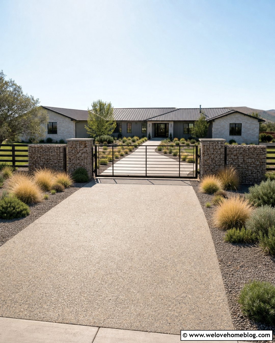 Ranch Gate With Gabion Pillars - 20 Ranch Driveway Gate Ideas