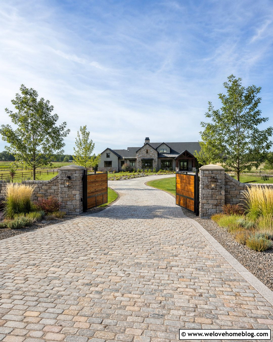 Ranch Gate With Low Stone Walls - 20 Ranch Driveway Gate Ideas