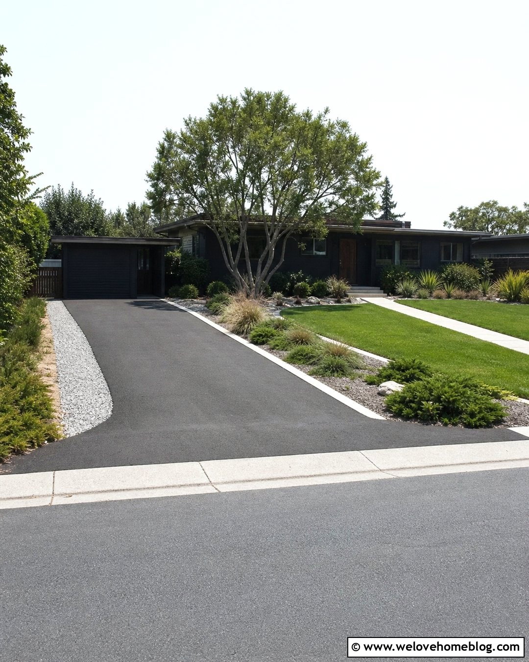 Ranch House Asphalt Driveway Extension With Gravel Shoulder - 30 Extended Driveway Ideas