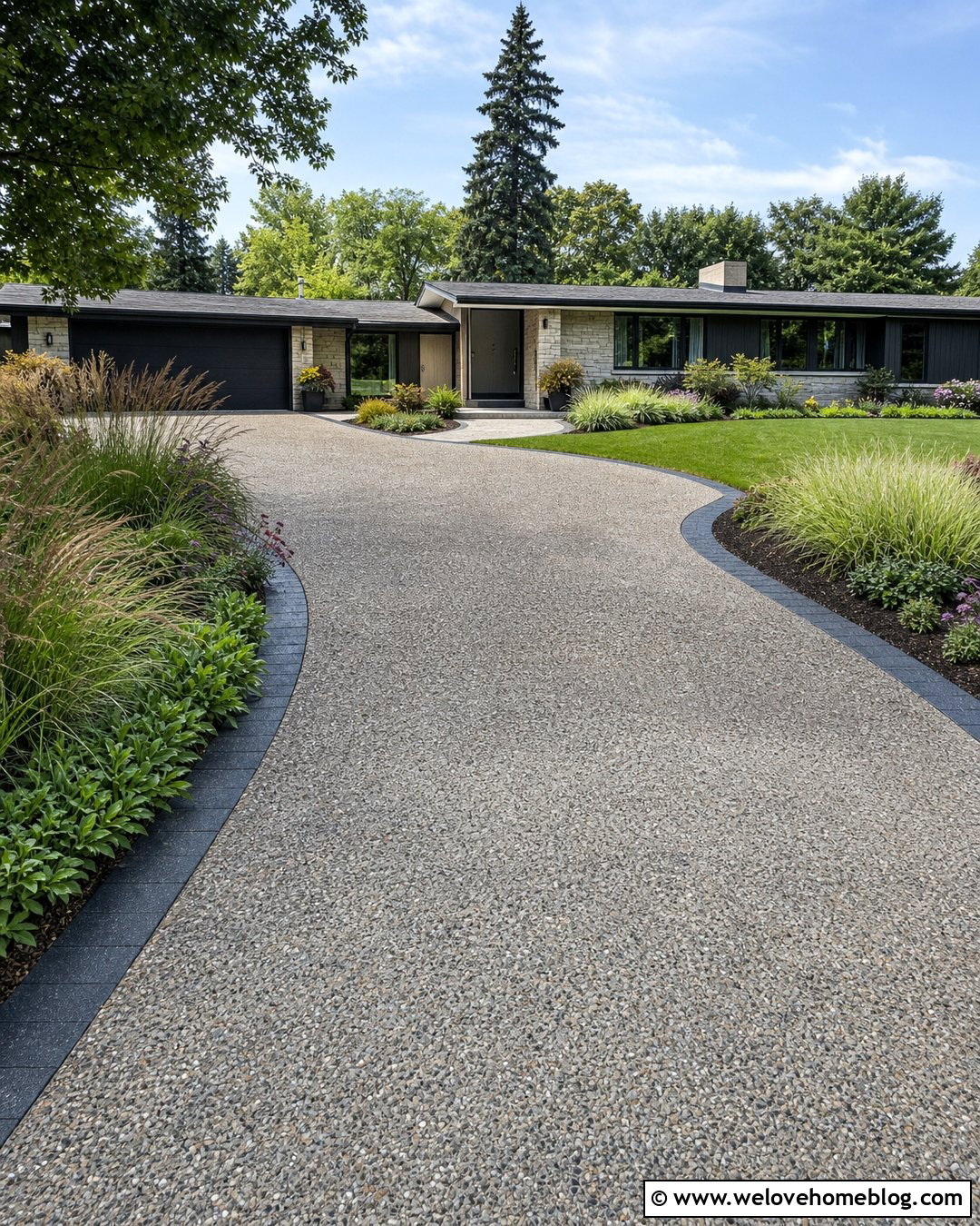 Ranch House Driveway With Ornamental Grass Borders - 25 Landscape Driveway Ideas