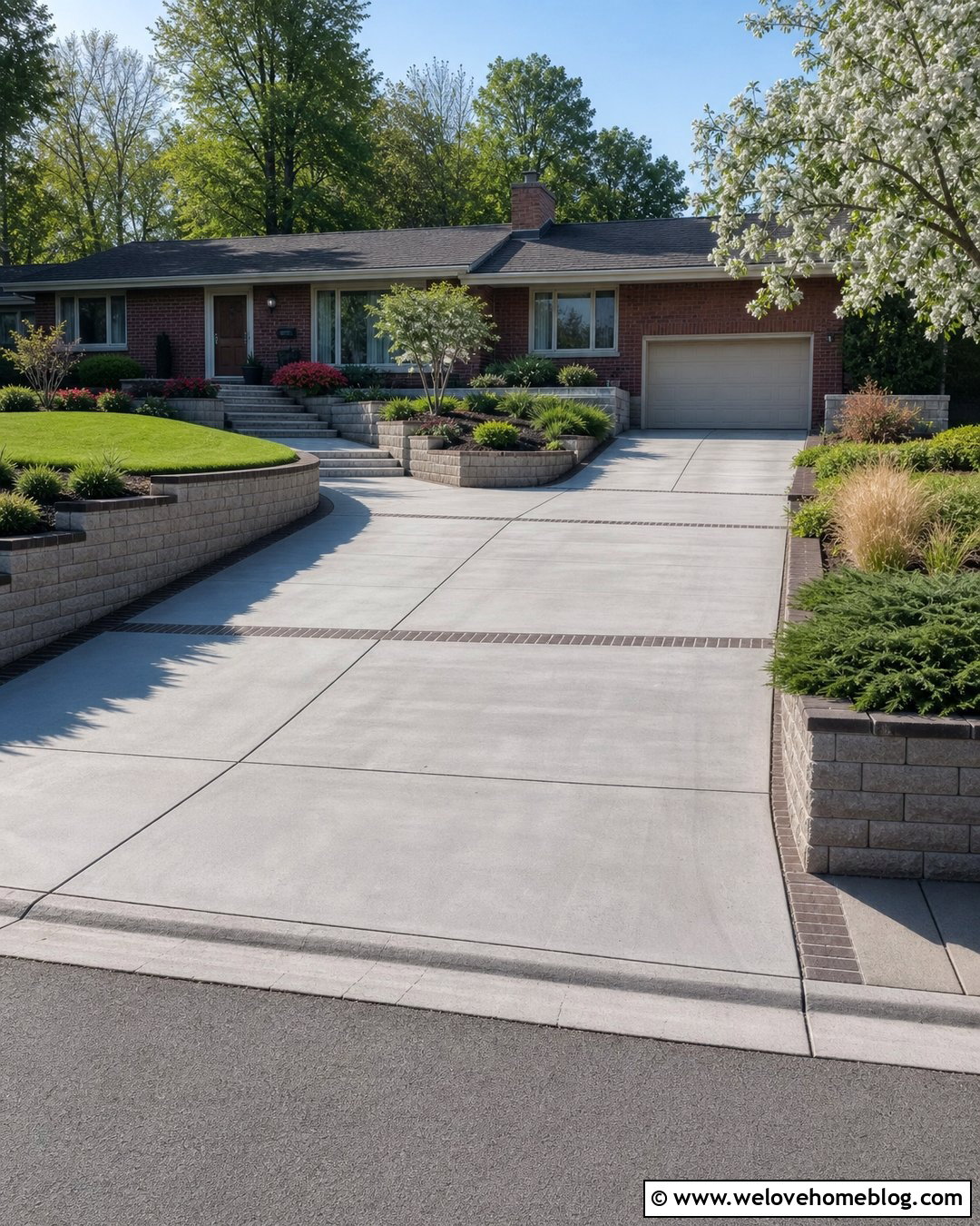 Ranch House Driveway With Split Level Retaining Walls - 20 Driveways With Retaining Walls Ideas