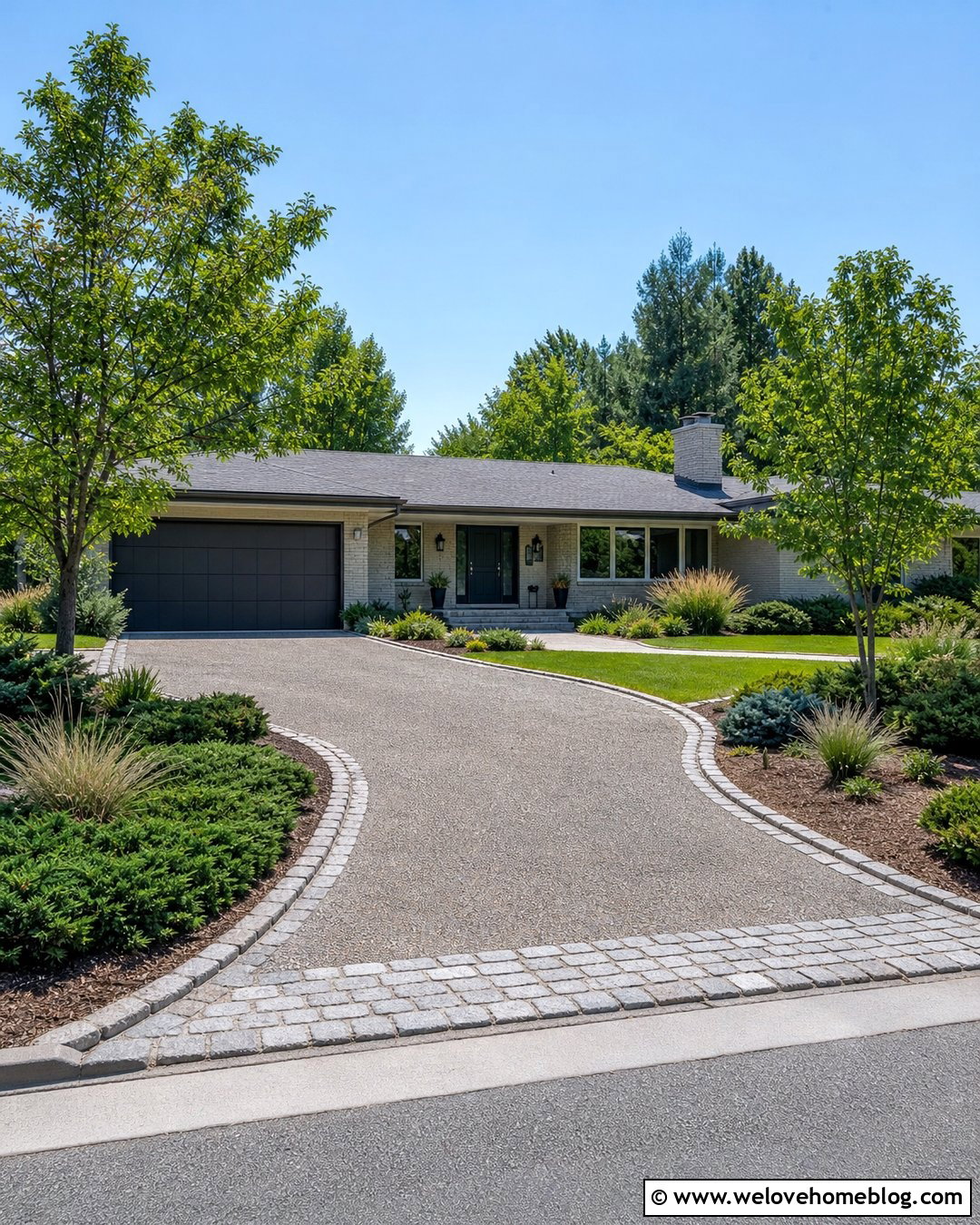 Ranch House Gravel Driveway With Cobblestone Curves - 20 Cobblestone And Gravel Driveway Ideas