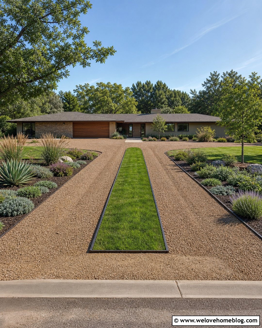 Ranch House Gravel Driveway With Grass Median - 20 Large Gravel Driveway Ideas