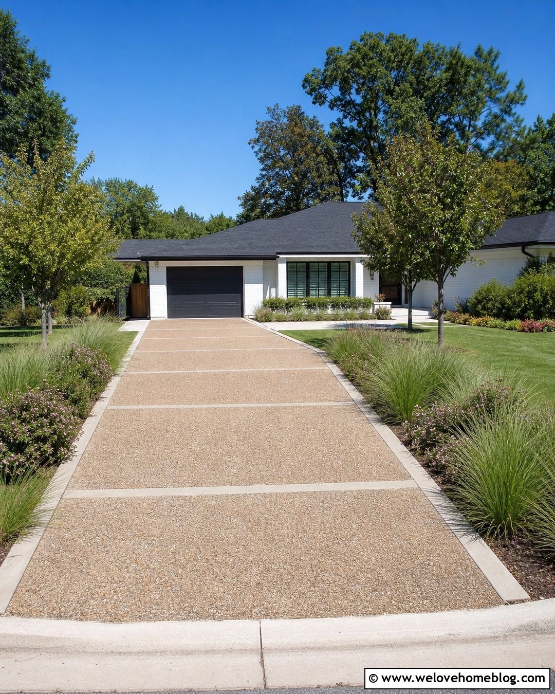 Ranch House Pebble Driveway With Native Grasses - 35 Pebble Driveway Ideas