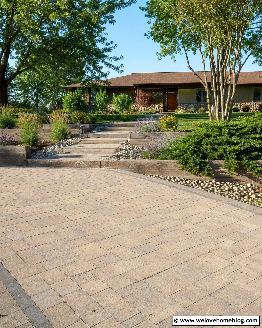 Ranch House Terraced Driveway With Low Timber Walls - 20 Terraced Driveways Ideas