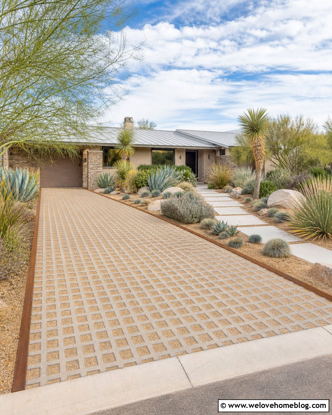 Ranch House Turfstone Driveway With Drought Tolerant Landscaping - 20 Turfstone Pavers Driveway Ideas