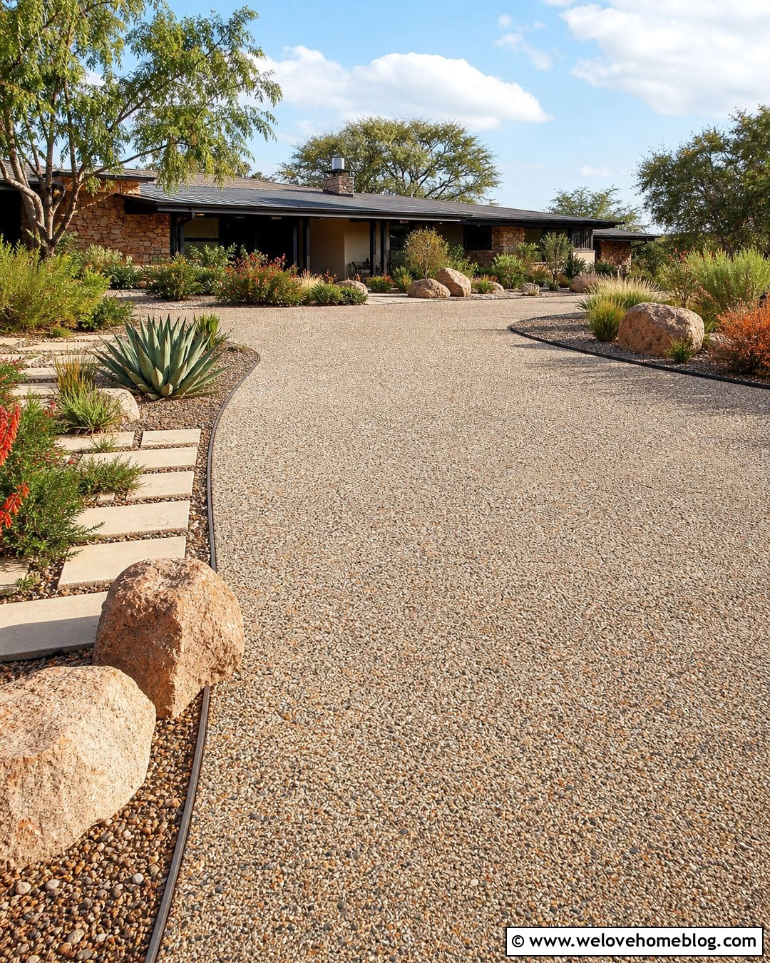 Ranch Pebblecrete Driveway With Desert Landscaping - 25 Pebblecrete Driveway Ideas