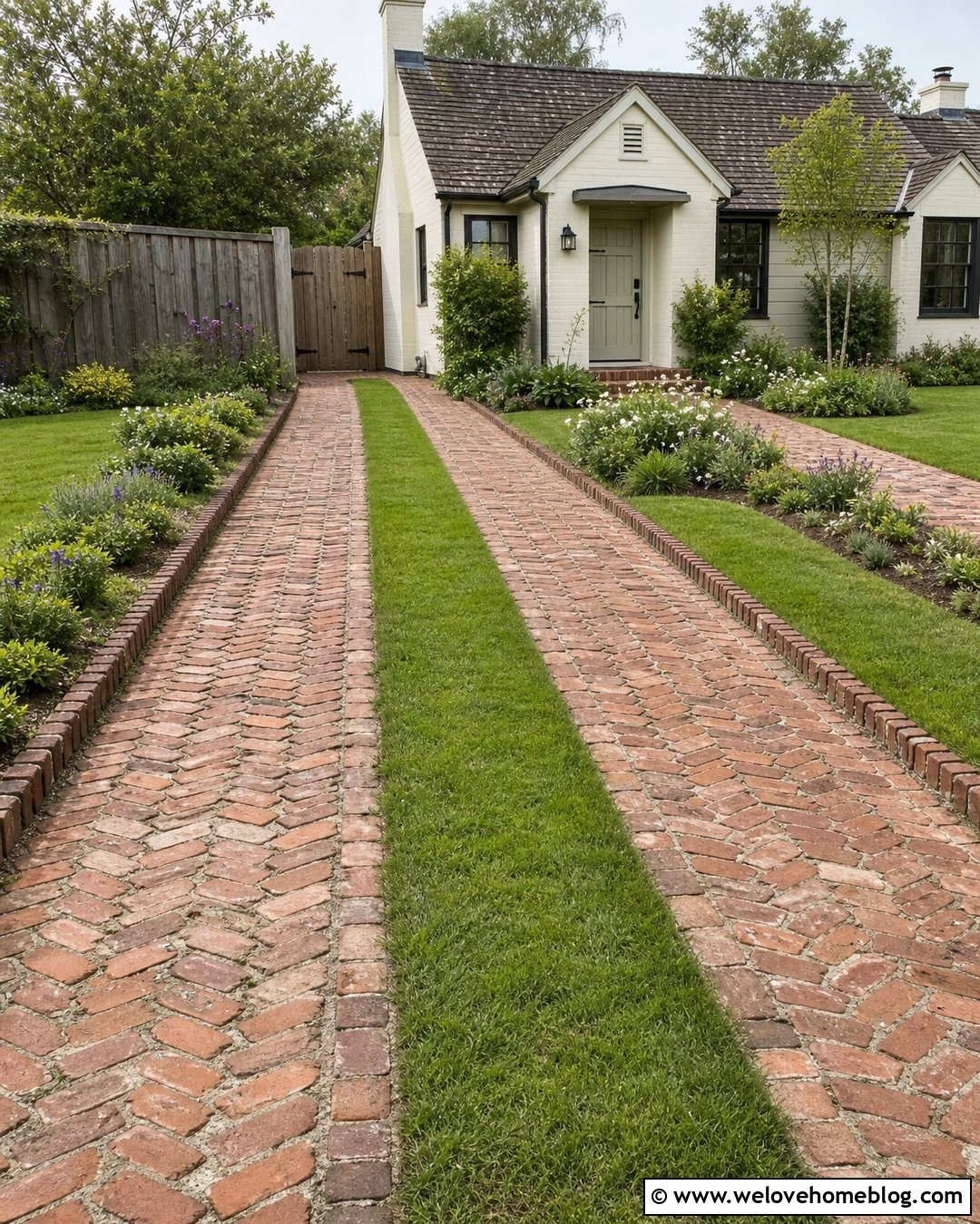 Reclaimed Brick Cottage Driveway With Grass Joints - 35 Cottage Driveway Ideas