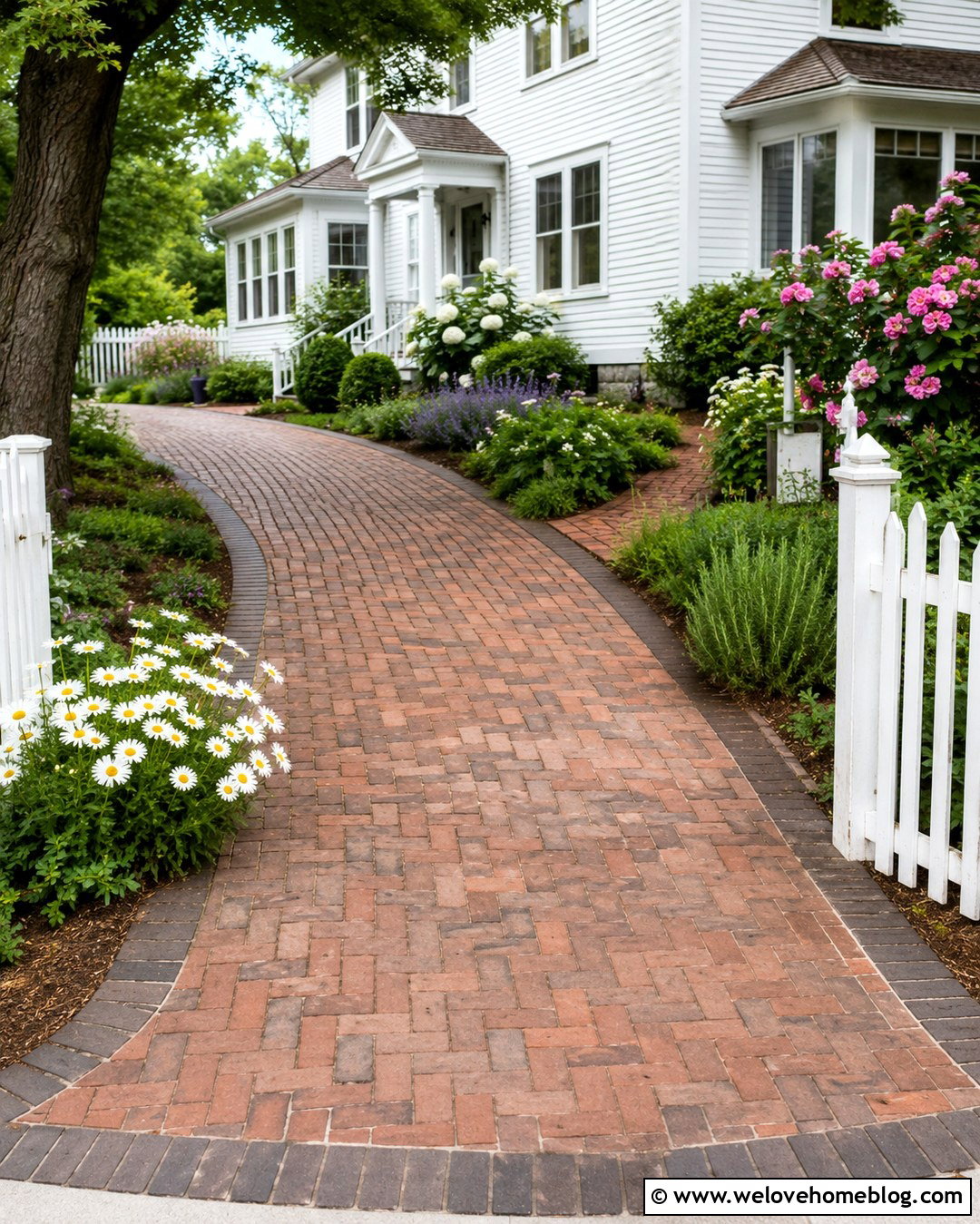 Reclaimed Brick Farmhouse Driveway With Cottage Planting - 20 Farmhouse Driveway Inspiration Ideas