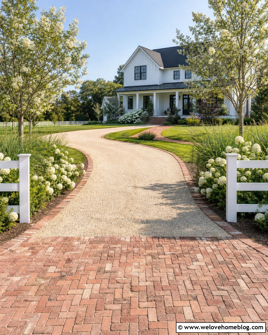 Reclaimed Brick Pavers Around a Farmhouse Driveway - 20 Pavers Around Driveway Ideas