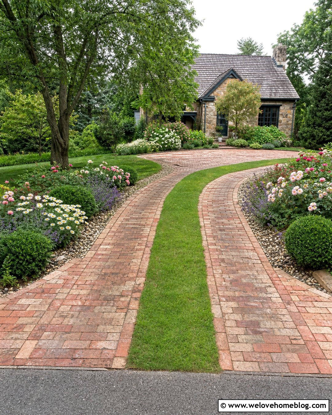 Reclaimed Brick Tire Track Driveway With Cottage Garden - 20 Tire Track Driveway Ideas