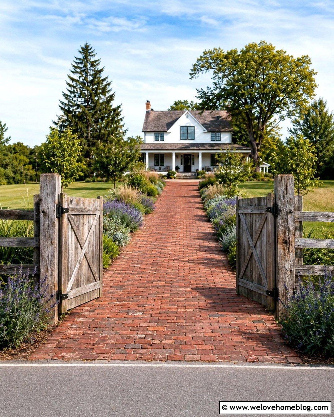 Reclaimed Wood Farm Gate With Brick Driveway - 20 Wood Gates Driveway Farm Entrance Ideas