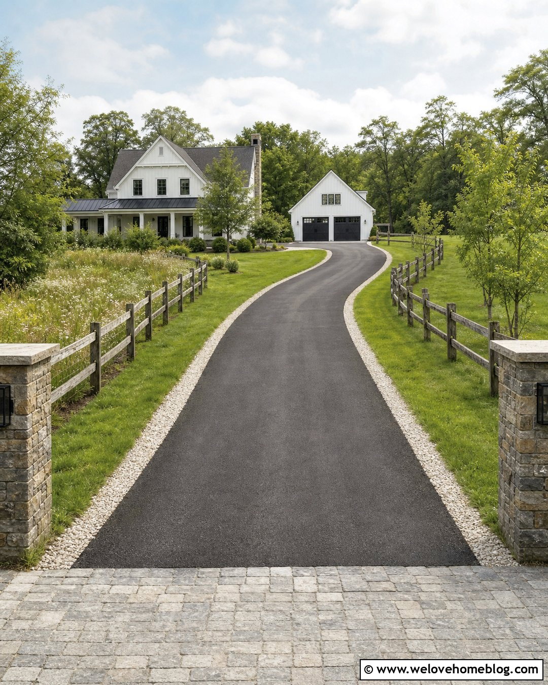 Recycled Asphalt Driveway With Farmhouse Landscaping - 30 Black Driveway Ideas