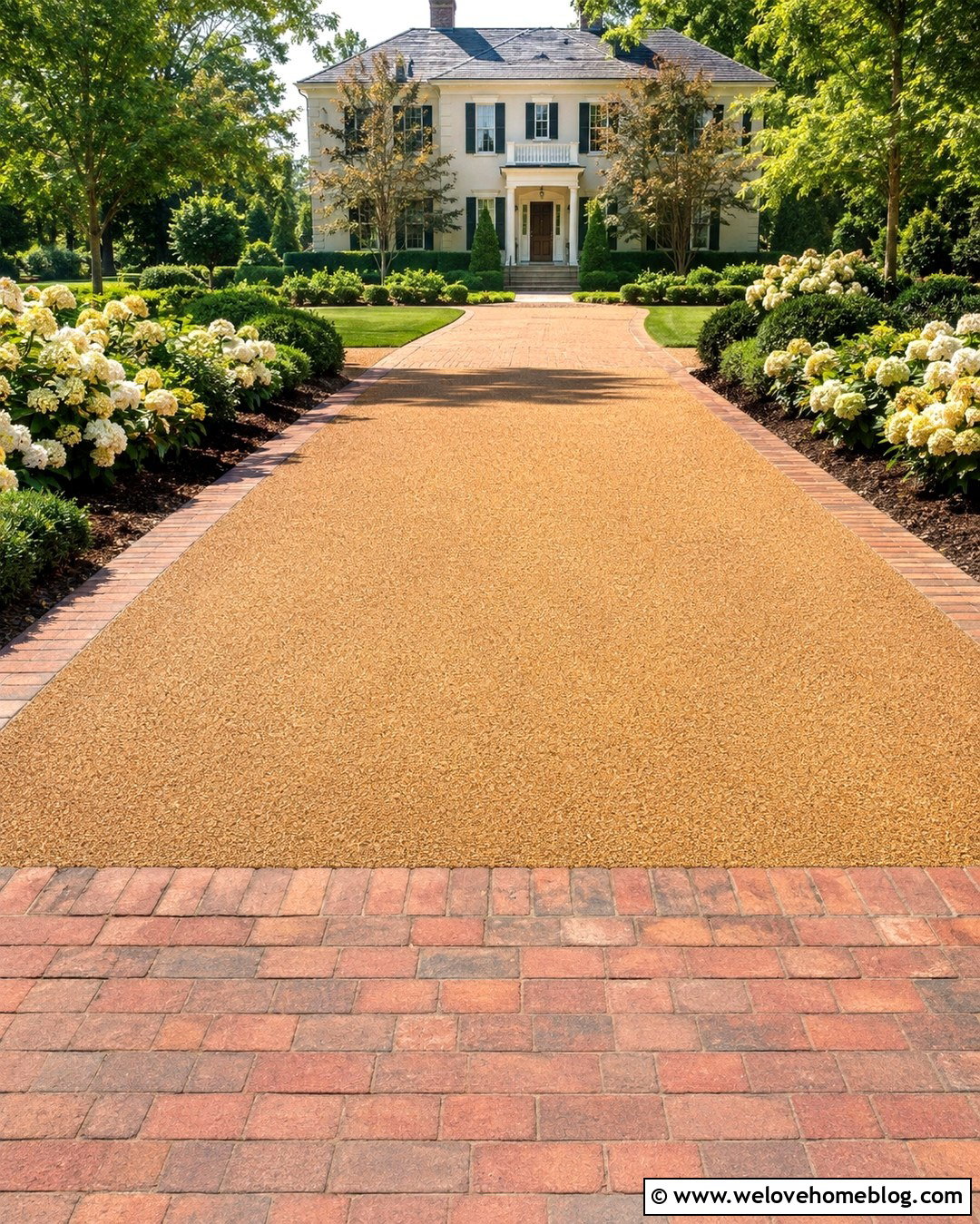 Recycled Glass Horseshoe Driveway With Brick Ribbons - 20 Recycled Glass Driveway Ideas
