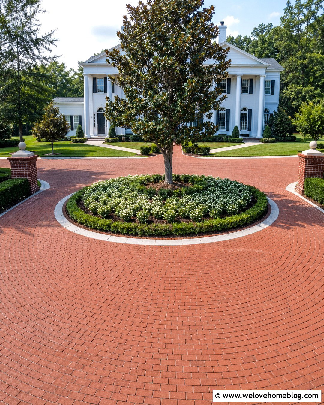 Red Brick Circular Driveway With Magnolia Tree - 20 Driveway Circle Ideas