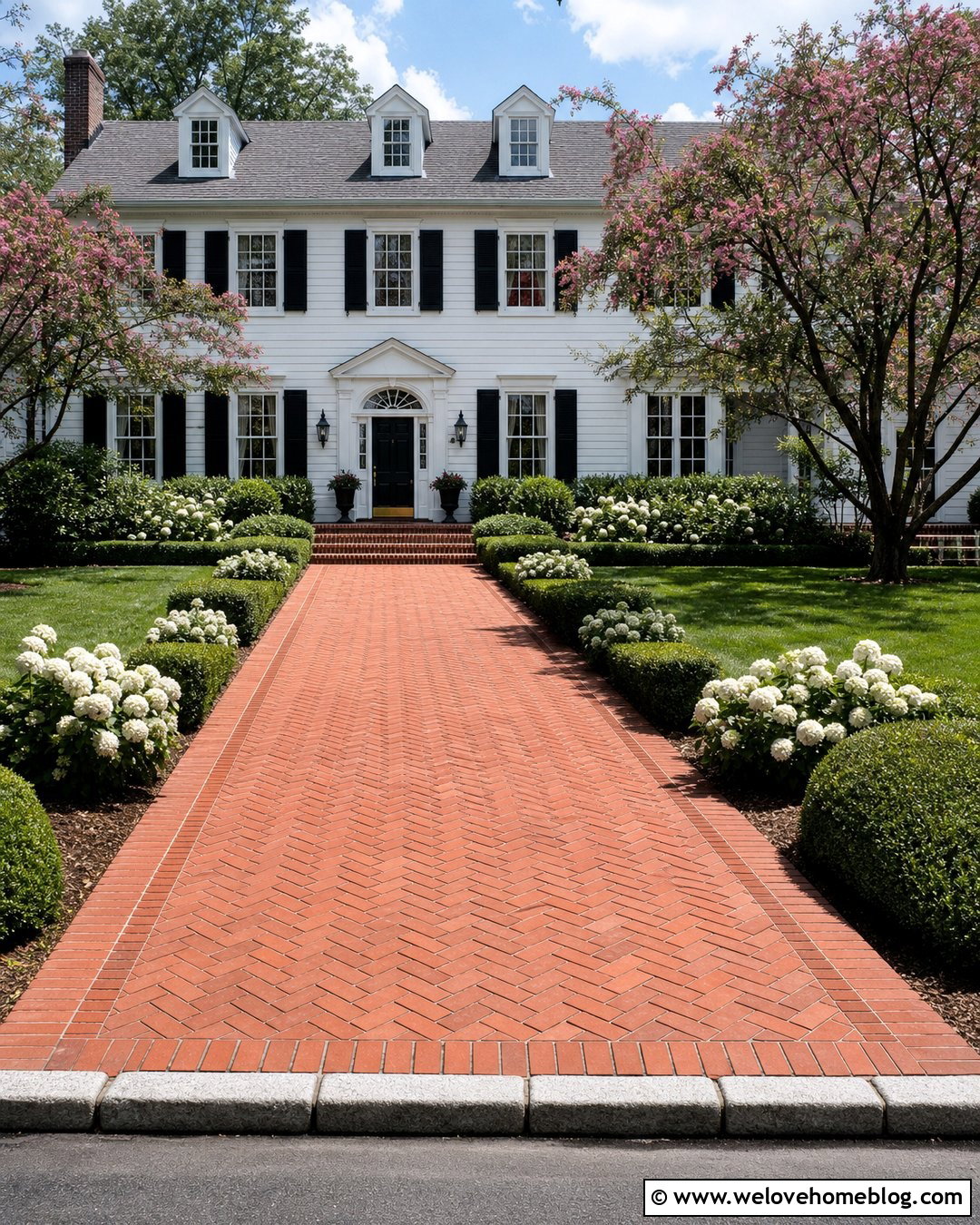Red Brick Driveway With White Colonial House - 45 Driveway Design Ideas