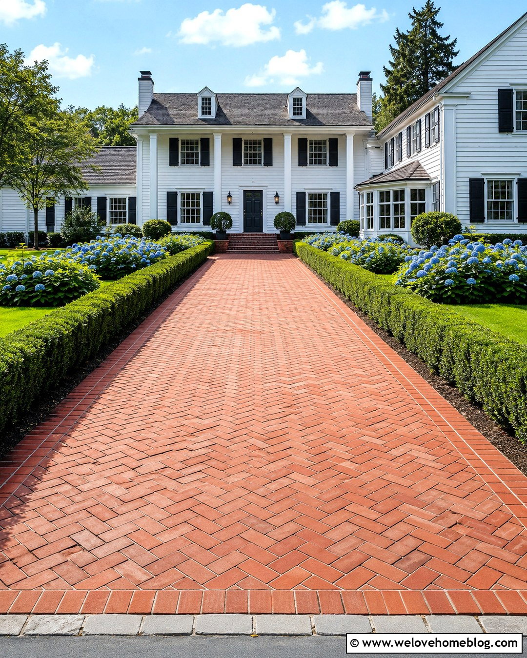 Red Brick Driveway With White House - 20 Red Driveway Ideas