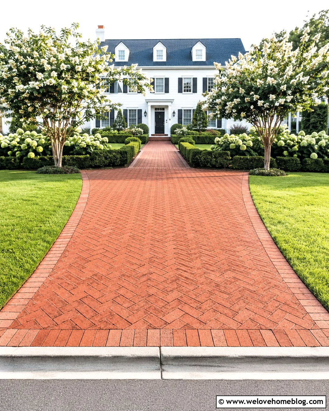 Red Brick Paver Driveway For Colonial House - 20 Pavered Driveway Ideas