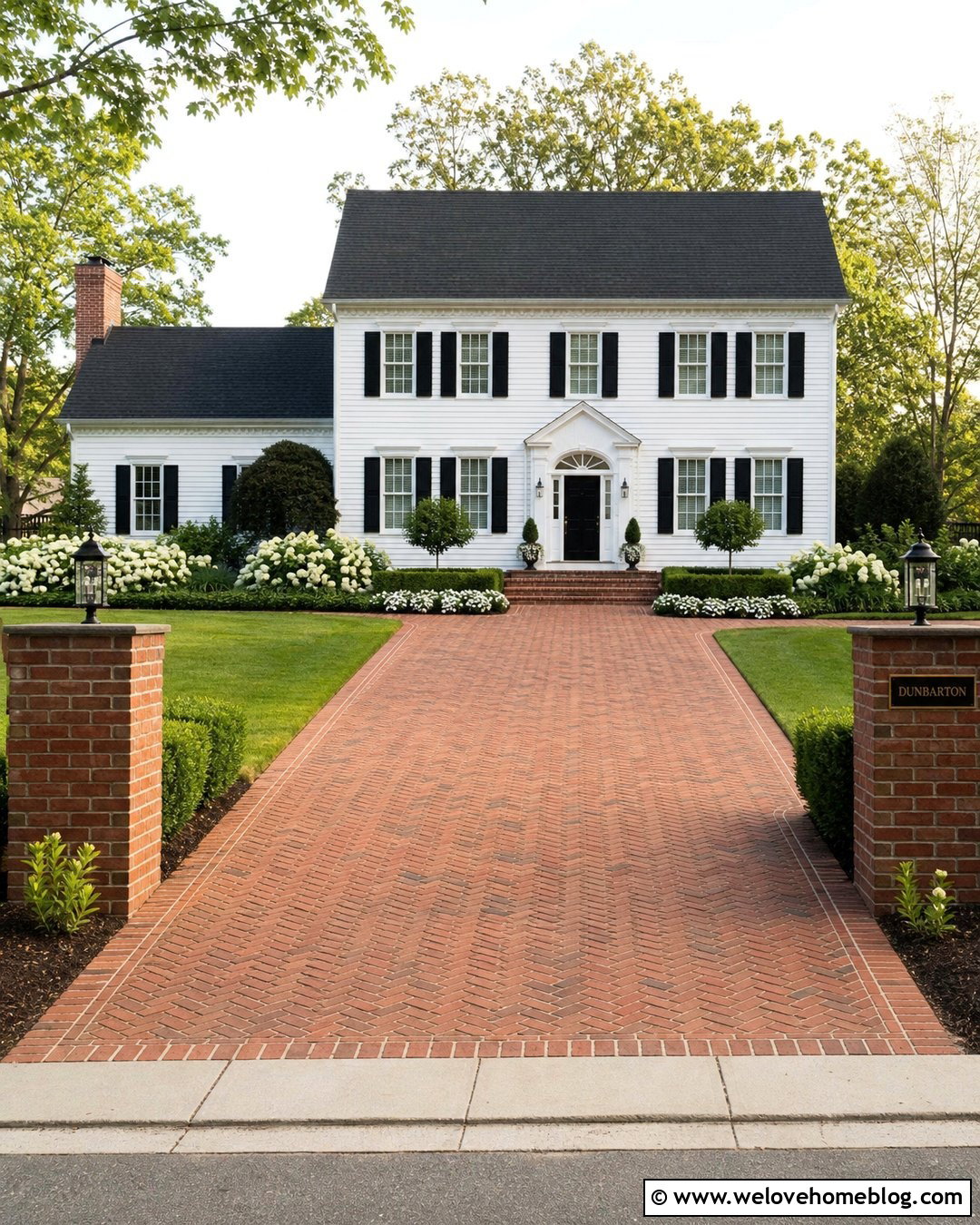Red Brick Paver Driveway With White Colonial House - 20 Paver Driveway Curb Appeal Ideas