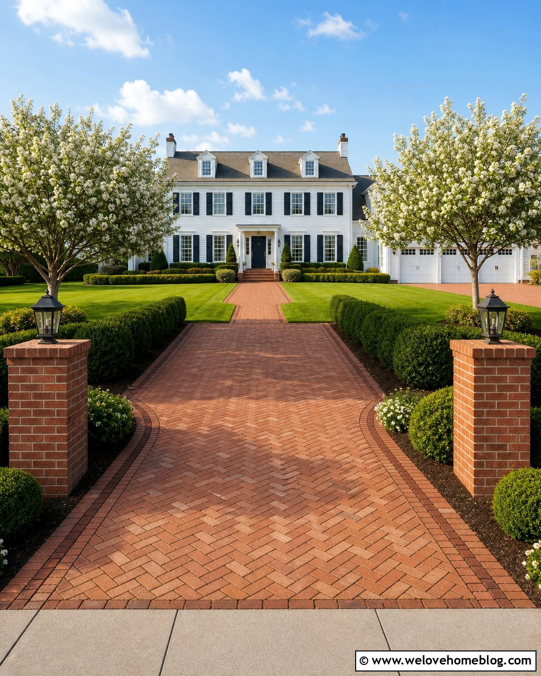 Red Brick Paver Driveway With White Colonial House - 20 Driveways With Pavers Ideas