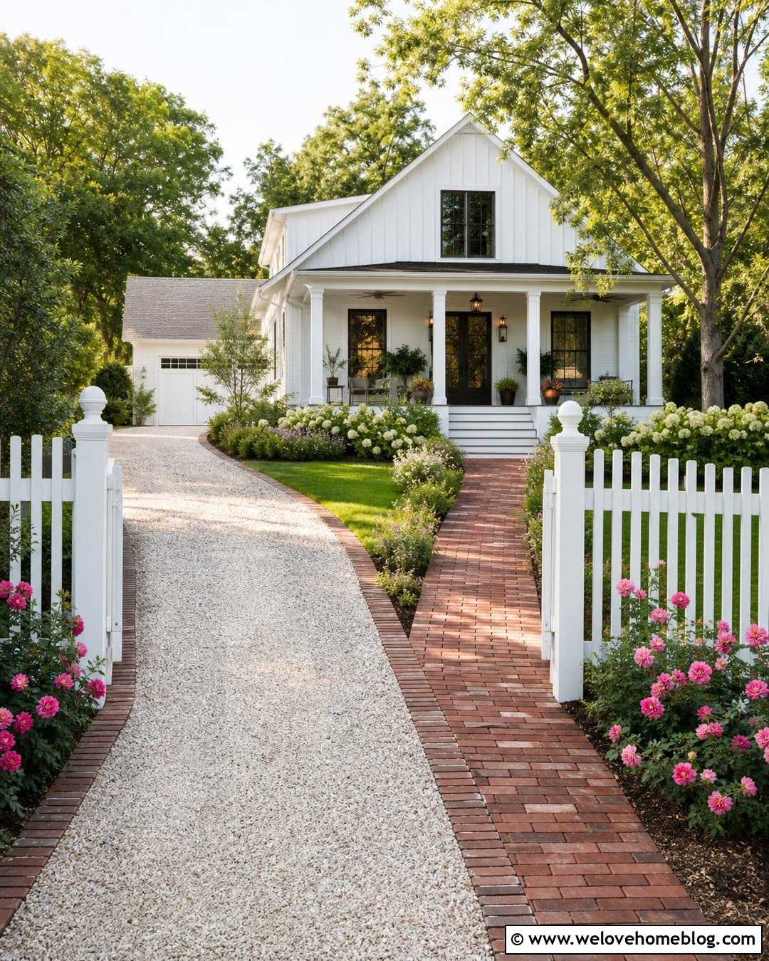 Red Brick Pavers Beside a Farmhouse Gravel Driveway - 20 Pavers Beside Driveway Ideas