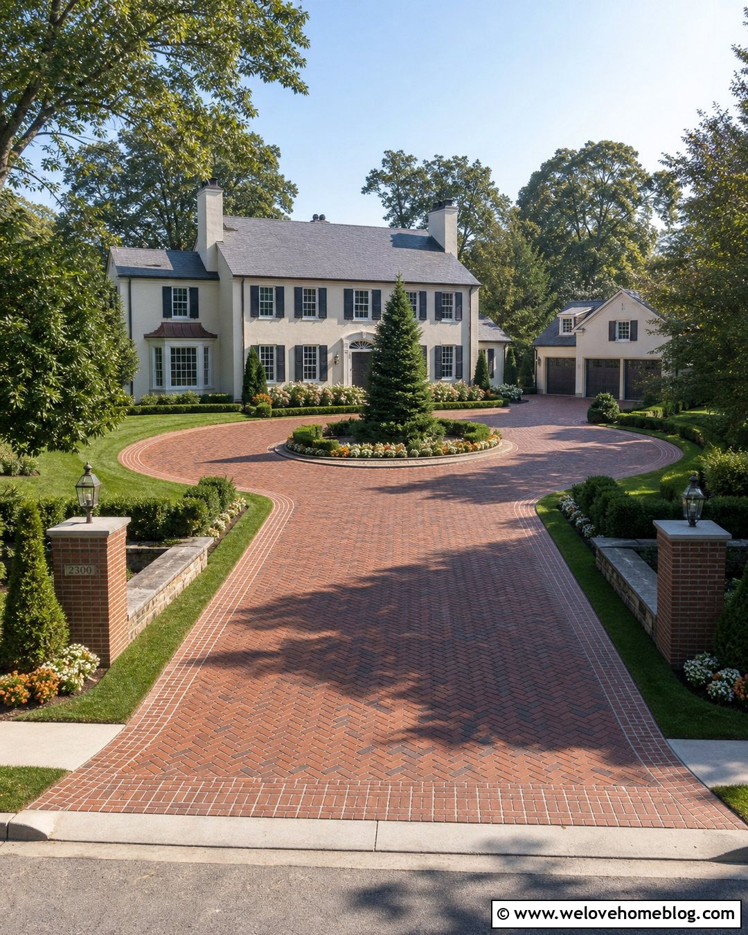 Red Brick Roundabout Driveway With Evergreen Island - 35 Round About Driveway Ideas