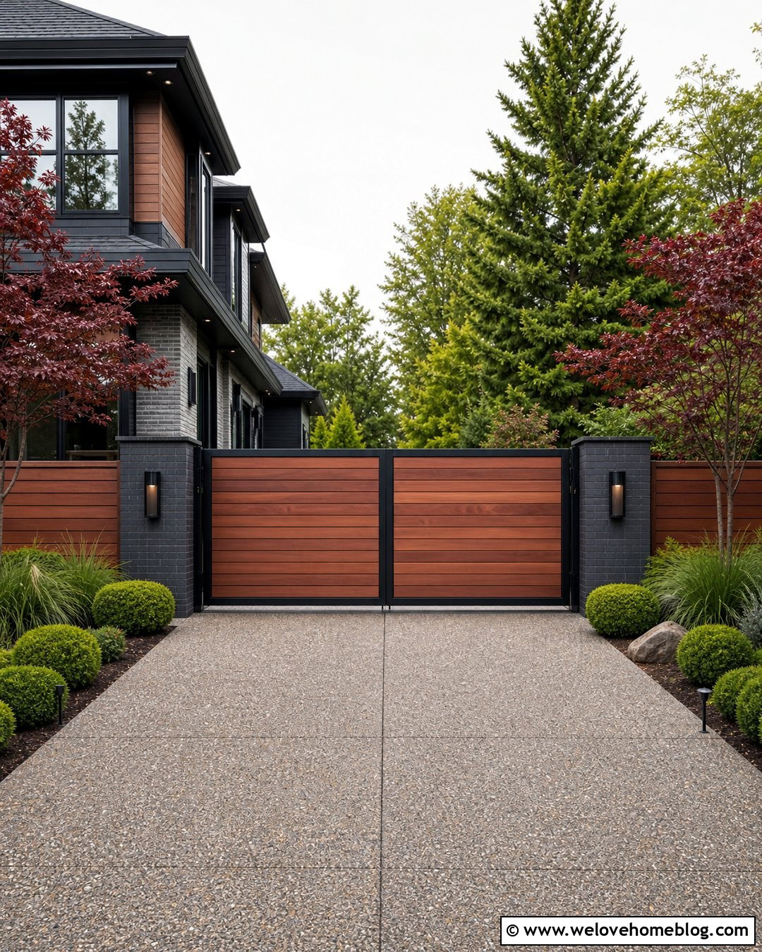 Red Cedar Gate With Black Brick Pillars - 30 privacy gates driveway entrance ideas